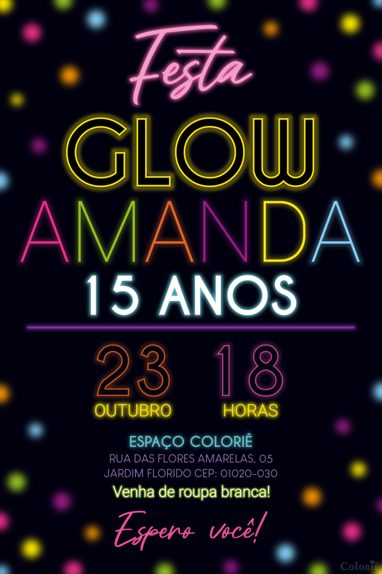 Convite digital neon para aniversário de 15 anos com efeito glow