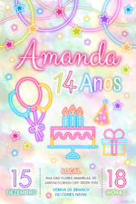 Convite digital neon de aniversário com cores pastéis