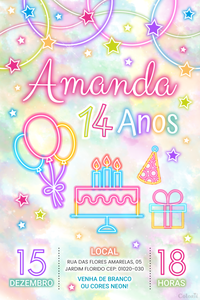 Convite digital neon de aniversário com cores pastéis