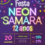 Convite digital neon colorido com estrelas para festa de aniversário