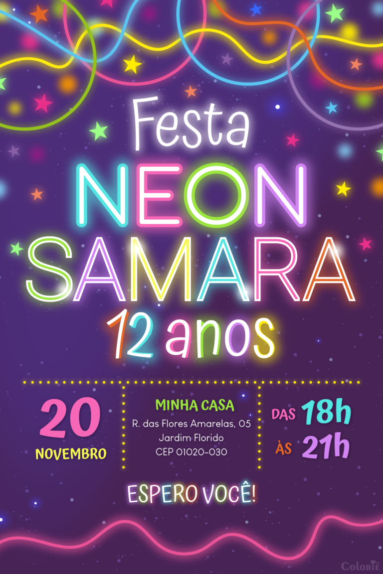 Convite digital neon colorido com estrelas para festa de aniversário