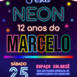 Convite digital neon com fundo estrelado para festa de aniversário