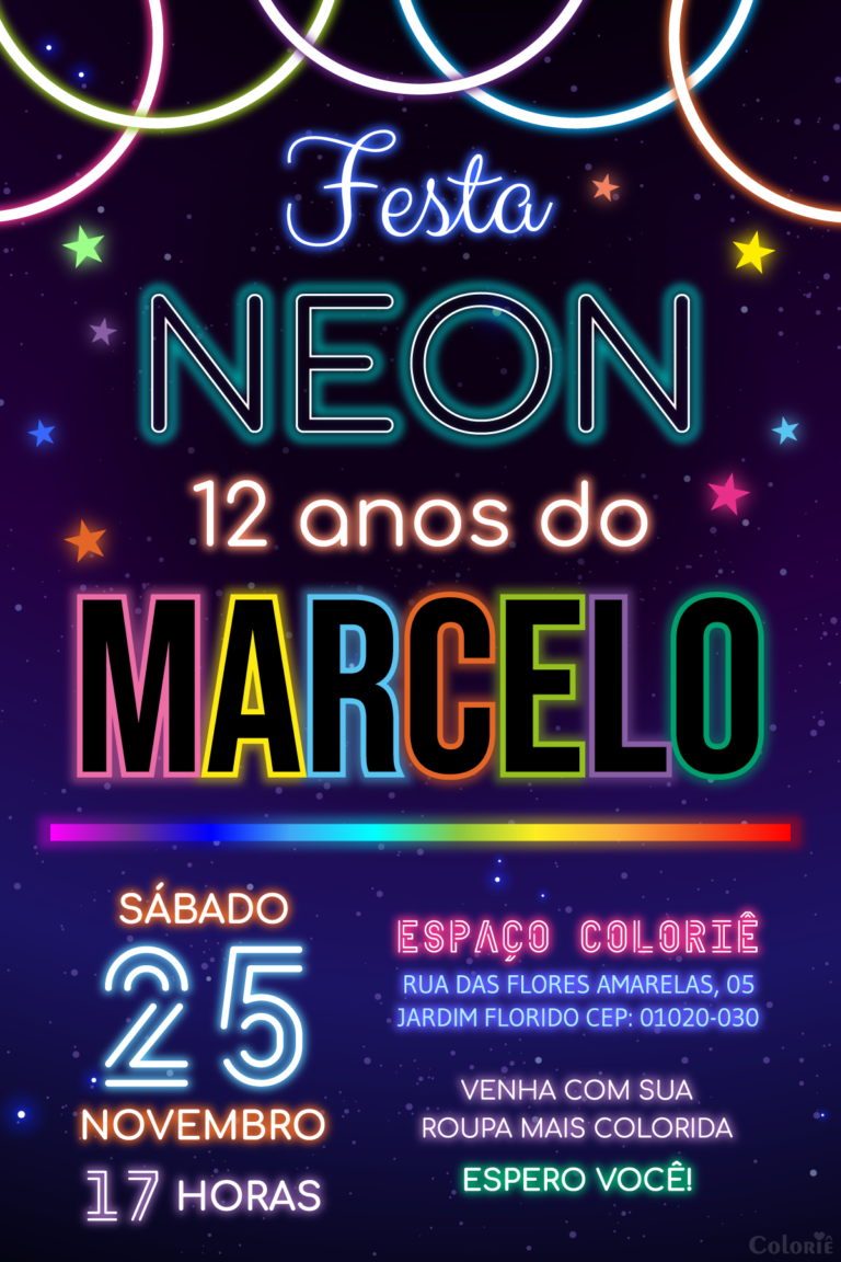 Convite digital neon com fundo estrelado para festa de aniversário