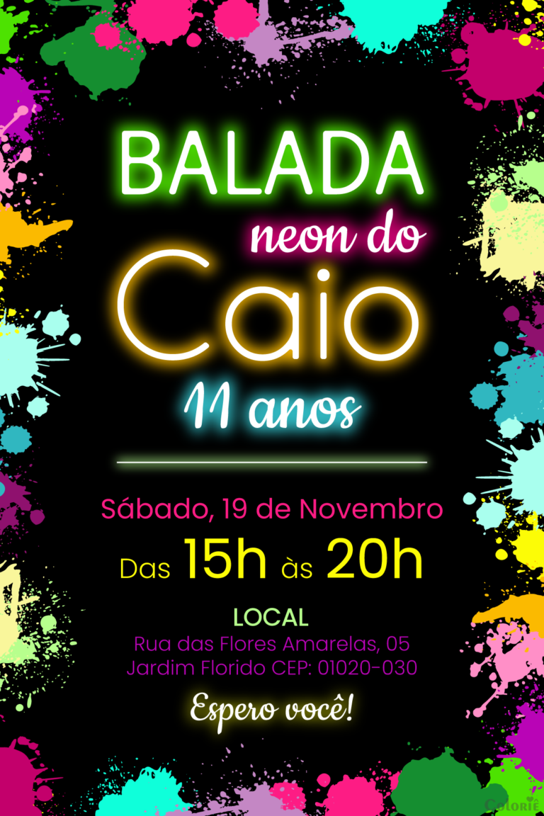 Convite digital neon com tinta colorida para festa de aniversário