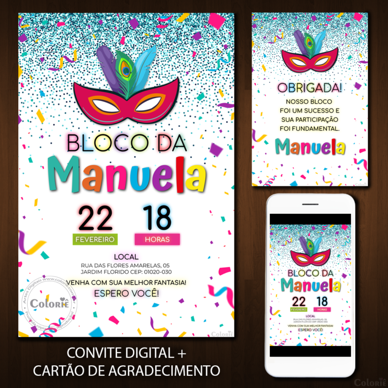 Convite Digital Carnaval: Máscara e Confetes + Brinde