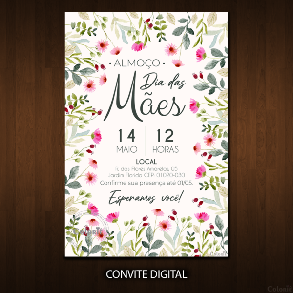 convite-com-letras-pretas-folhas-verdes-e-flores-rosa-para-mães