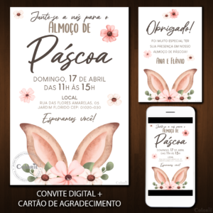 Convite Digital Páscoa: Orelhas de Coelho e Flores + Brinde