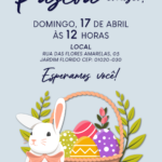 Convite digital de Páscoa com coelho branco e cesta de ovos