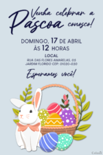 Convite digital de Páscoa com coelho branco e cesta de ovos
