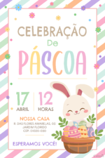Convite digital de Páscoa com coelho e cesta de ovos