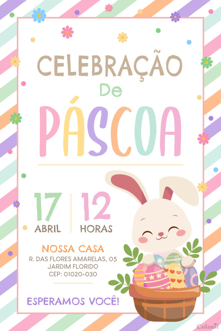 Convite digital de Páscoa com coelho e cesta de ovos