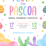 Convite digital de Páscoa com coelhos coloridos e ovos