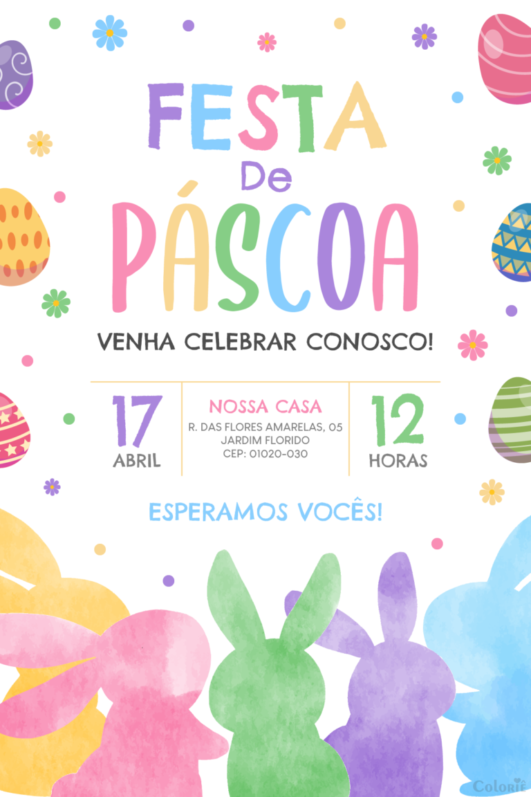 Convite digital de Páscoa com coelhos coloridos e ovos