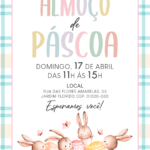 Convite digital de Páscoa com coelhos, ovos e borboletas
