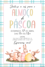 Convite digital de Páscoa com coelhos, ovos e borboletas