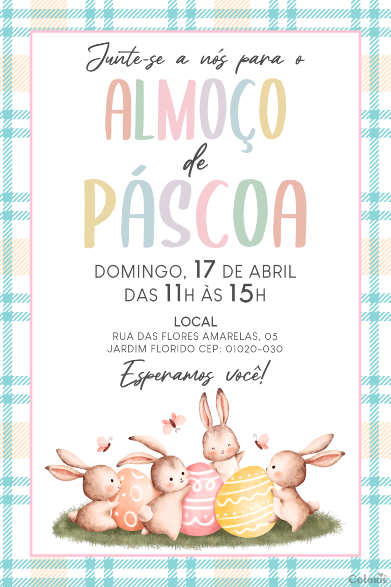 Convite digital de Páscoa com coelhos, ovos e borboletas