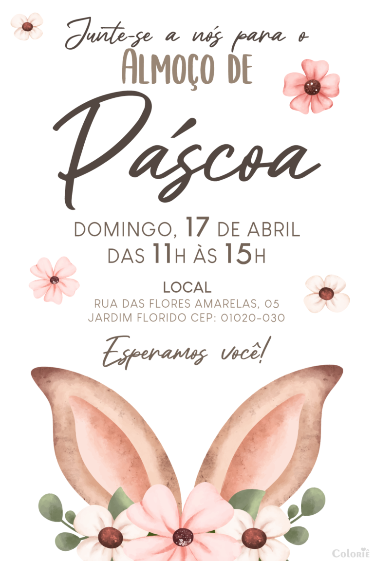 Convite digital de Páscoa com orelhas de coelho e flores