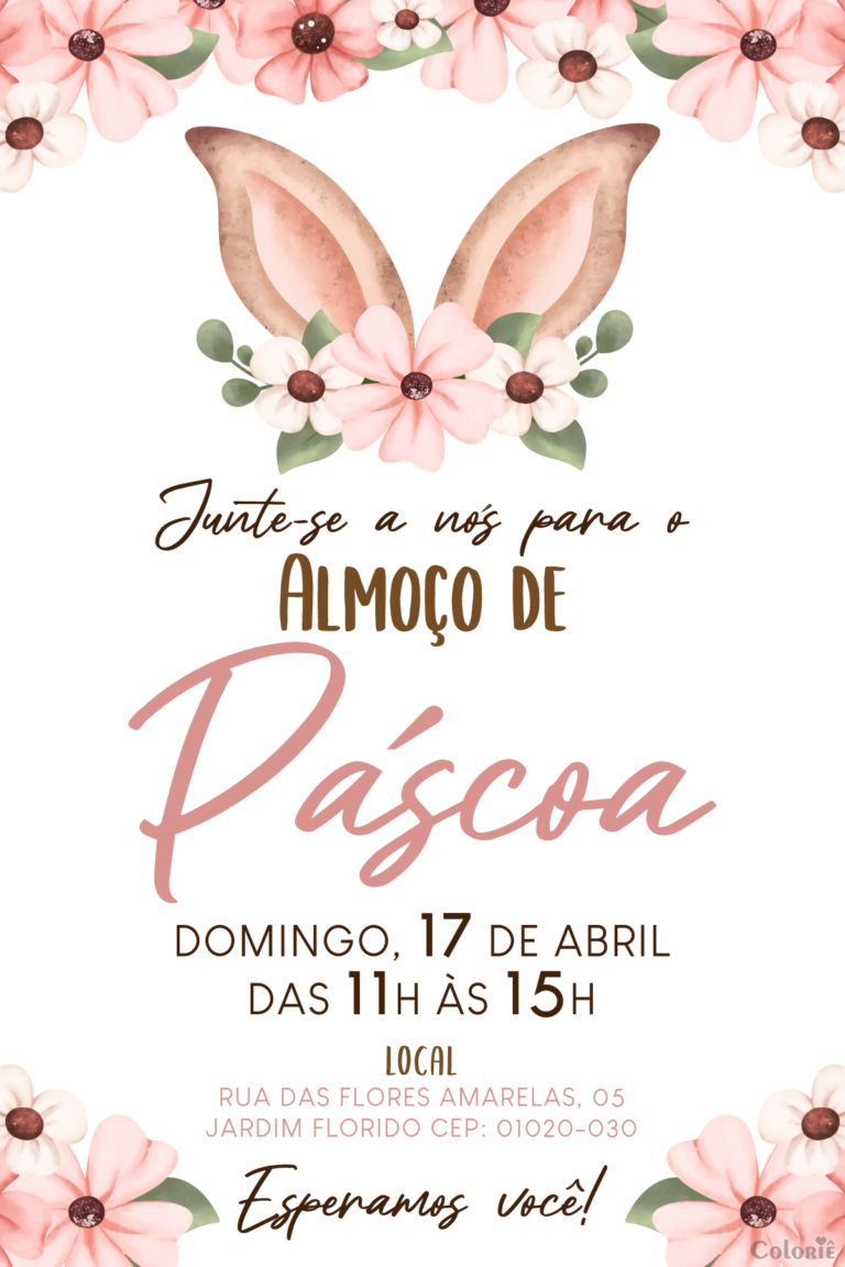 Convite digital de Páscoa com orelhas fofas de coelho e flores