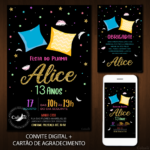 Convite Digital Pijama: Preto com Almofadas e Penas + Brinde