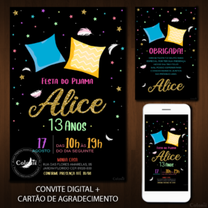 Convite Digital Pijama: Preto com Almofadas e Penas + Brinde