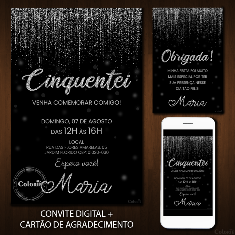 Convite Digital Glitter: Cinquentei Prata + Brinde