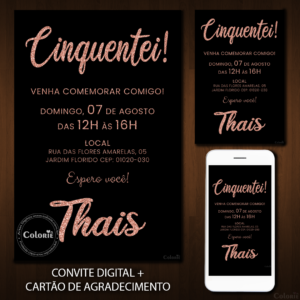 Convite Digital Glitter: Cinquentei Letras Rose + Brinde