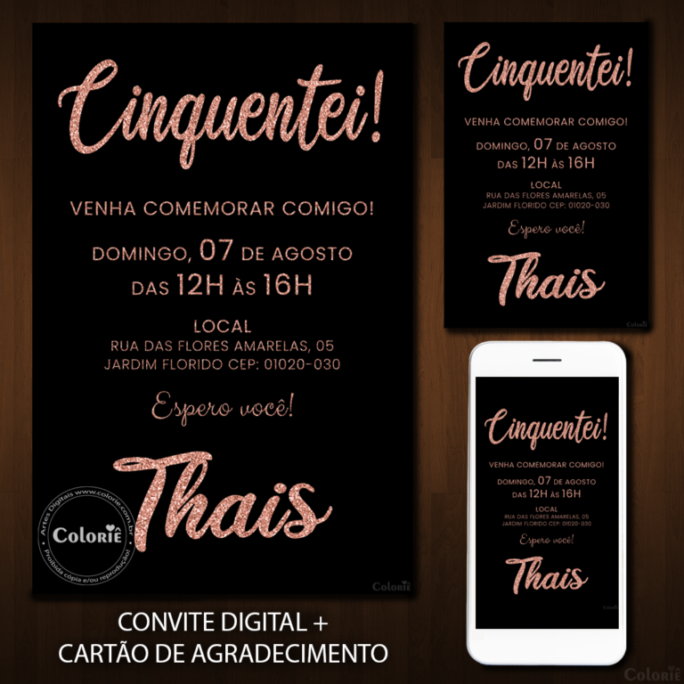 Convite Digital Glitter: Cinquentei Letras Rose + Brinde