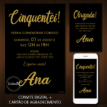 Convite Digital Glitter: Cinquentei Letras Douradas + Brinde