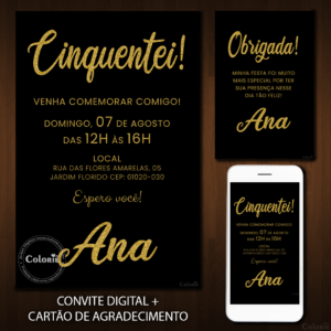 Convite Digital Glitter: Cinquentei Letras Douradas + Brinde