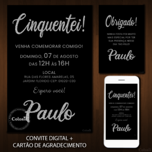 Convite Digital Glitter: Cinquentei Letras Prata + Brinde
