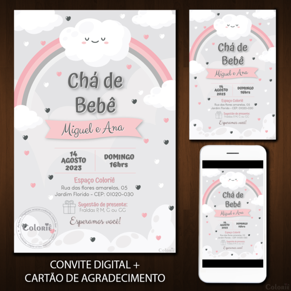 Convite Digital Chá De Bebê: Arco Íris Rosa E Cinza + Brinde