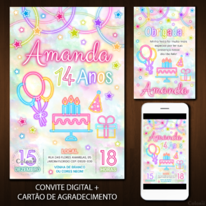Convite Digital Neon: Aniversário Cores Pasteis + Brinde