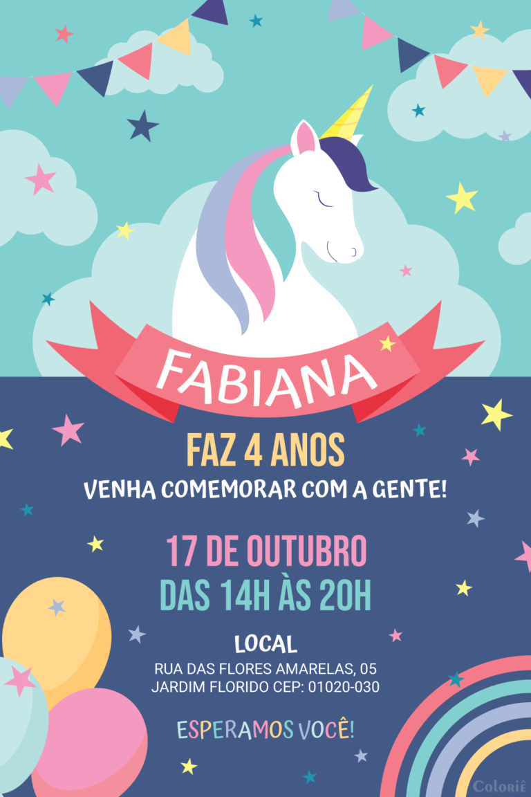 Convite digital de unicórnio com bexigas e arco-íris