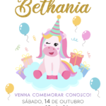 Convite digital de unicórnio colorido com letras douradas