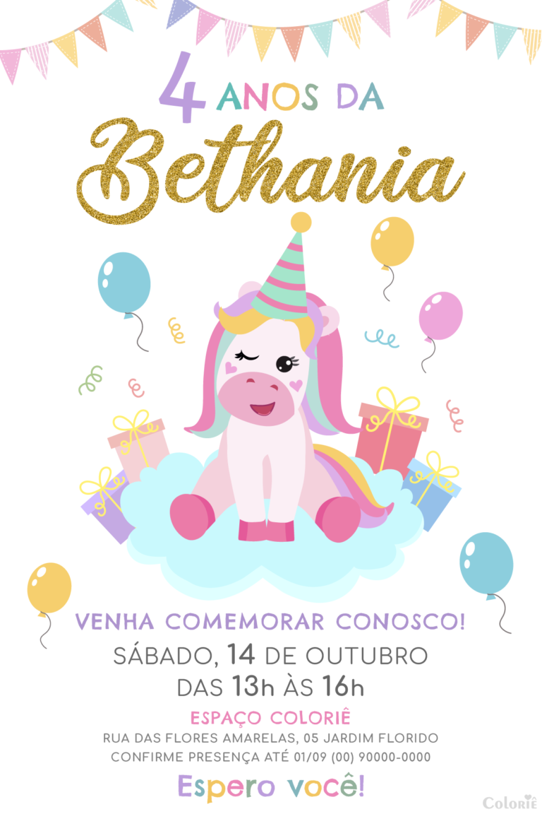 Convite digital de unicórnio colorido com letras douradas