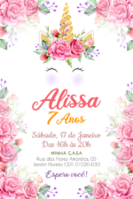 Convite digital de unicórnio dourado com rosas para festa