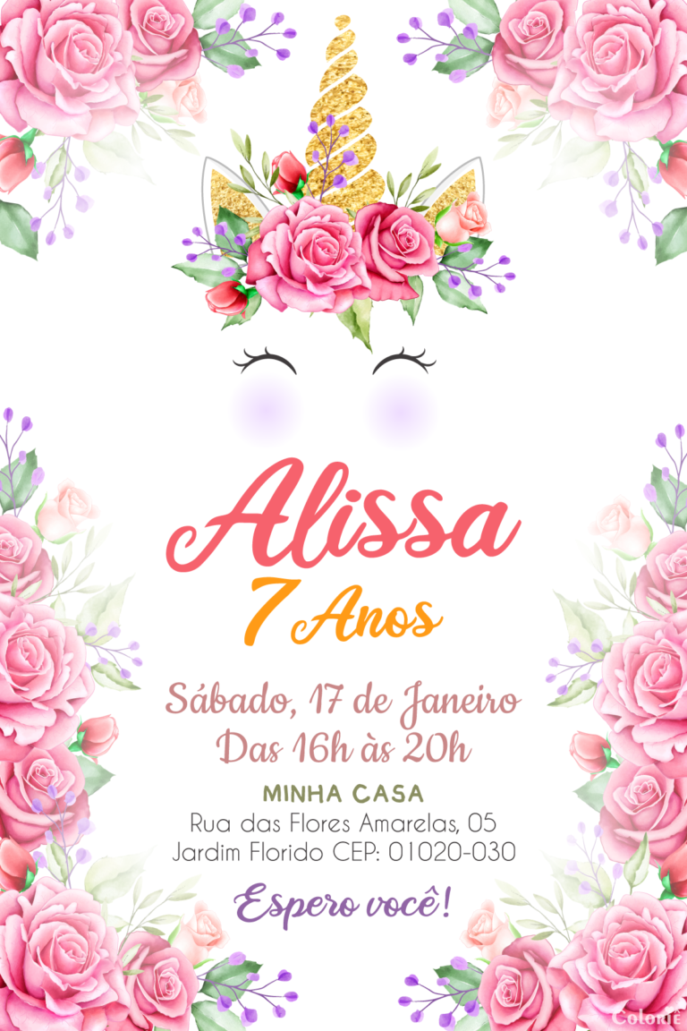 Convite digital de unicórnio dourado com rosas para festa