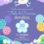 Convite digital de unicórnio lilás com jardim para festa