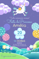 Convite digital de unicórnio lilás com jardim para festa
