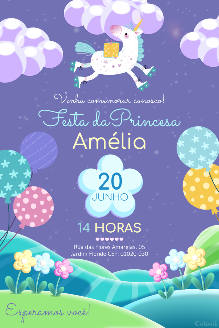 Convite digital de unicórnio lilás com jardim para festa