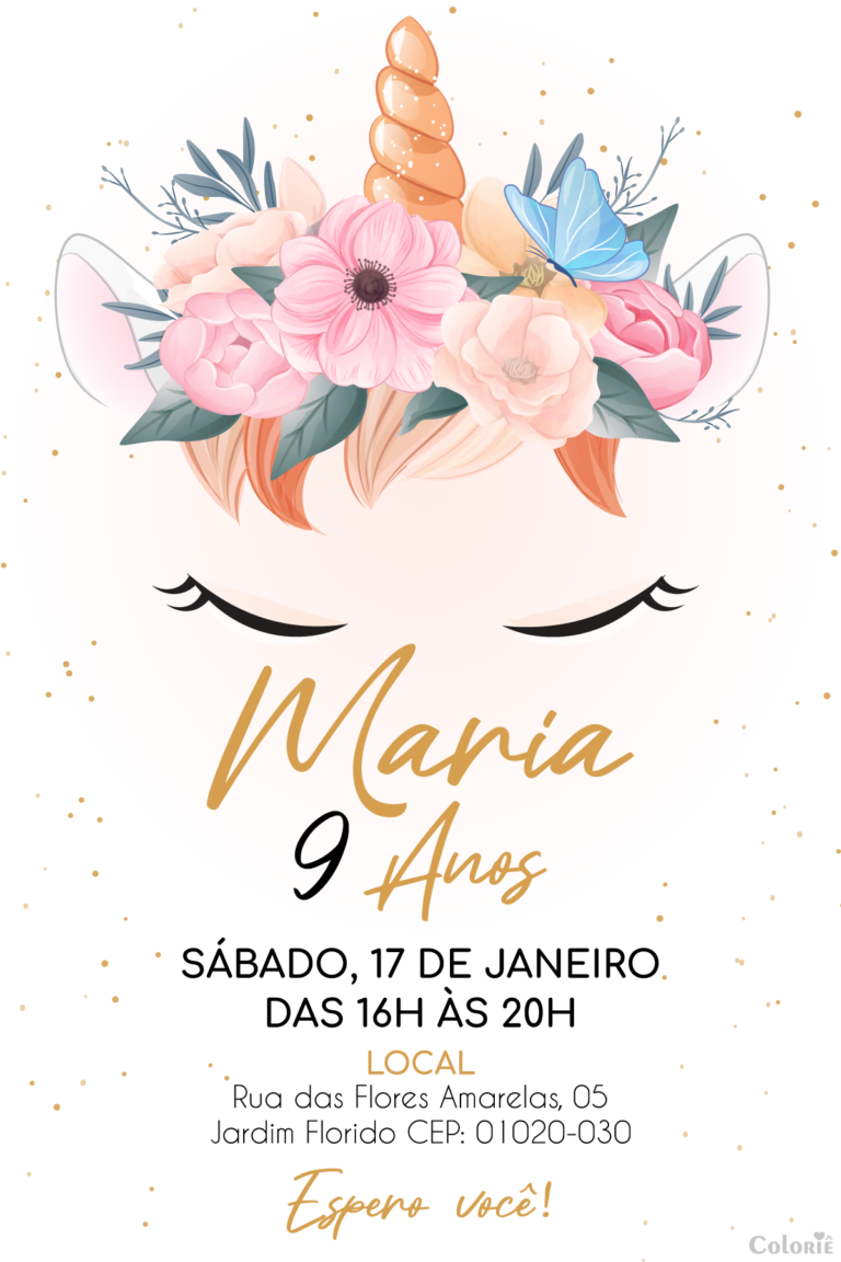 Convite digital de unicórnio minimalista para festa de aniversário