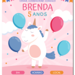 Convite digital de unicórnio rosa com bexigas para festa