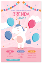 Convite digital de unicórnio rosa com bexigas para festa