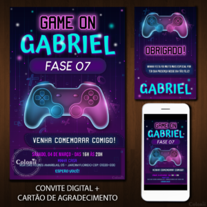 Convite Digital Vídeo Game: Controle Rosa e Azul + Brinde