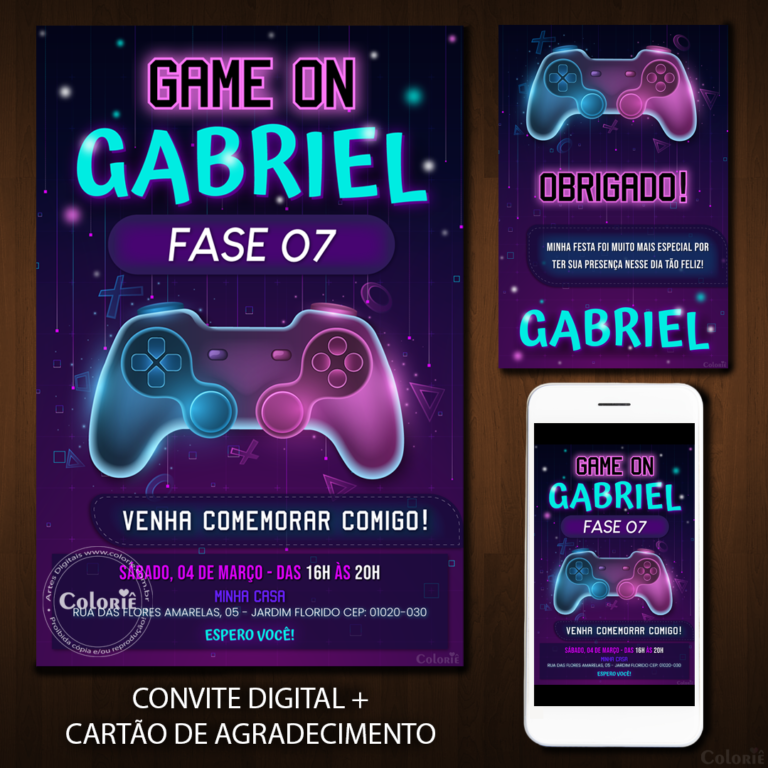 Convite Digital Vídeo Game: Controle Rosa e Azul + Brinde