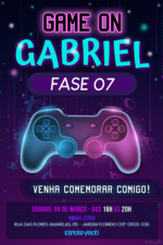 Convite digital de videogame com controle rosa e azul para festa gamer