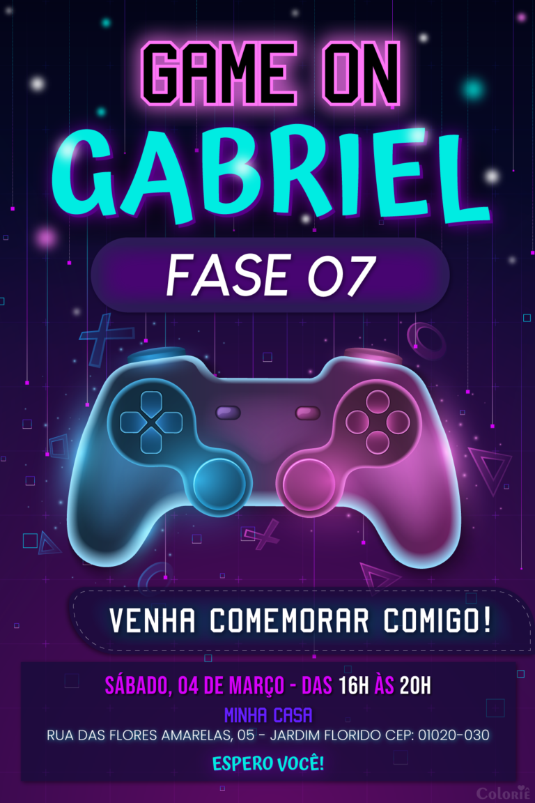 Convite digital de videogame com controle rosa e azul para festa gamer