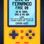 Convite digital de videogame com mini game amarelo para festa gamer