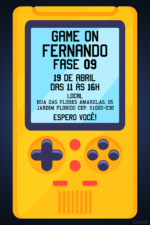 Convite digital de videogame com mini game amarelo para festa gamer