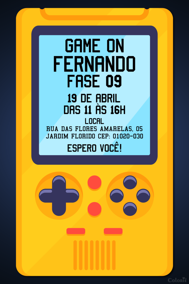 Convite digital de videogame com mini game amarelo para festa gamer
